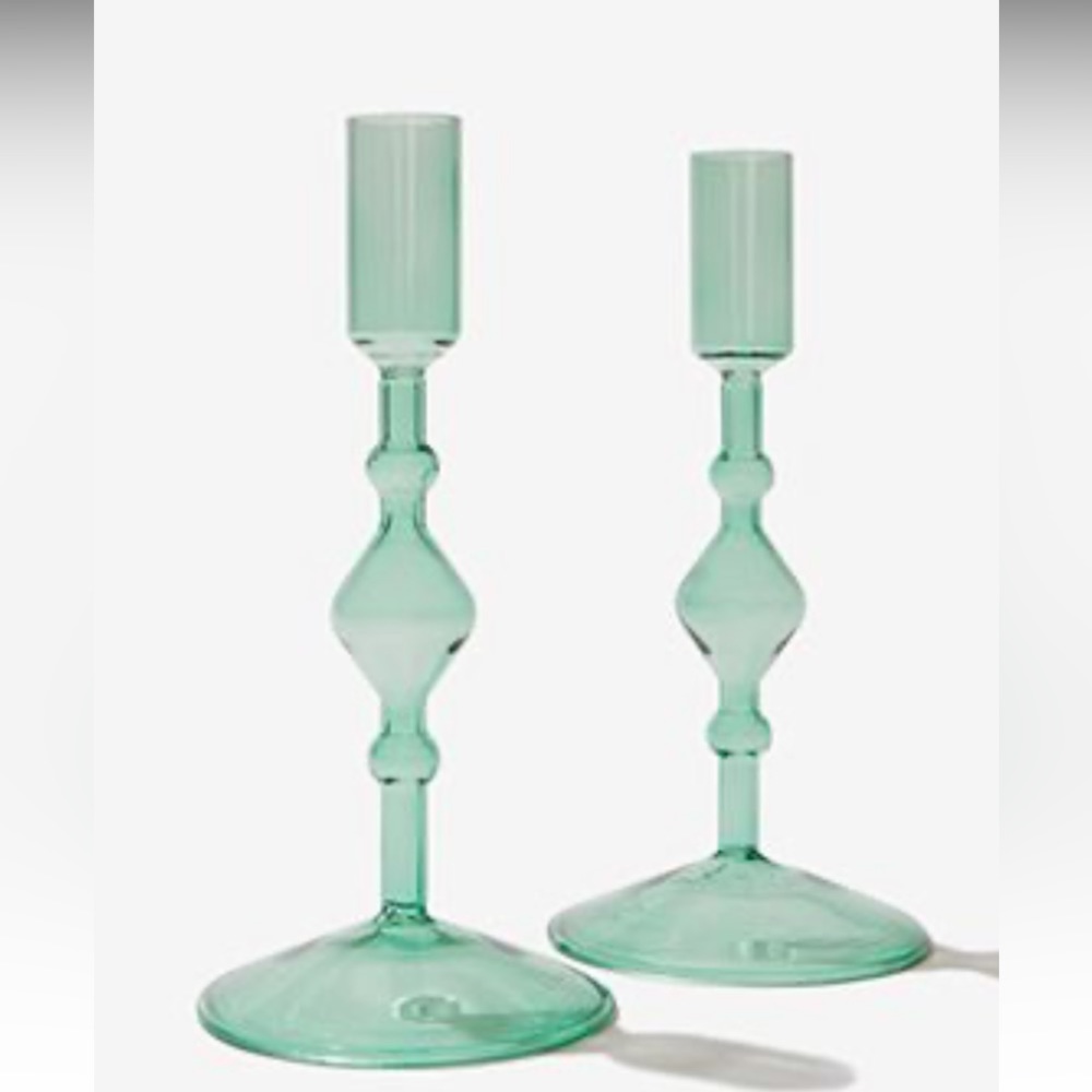 NIB Poketo Hand Blown Glass Candlestick Holder. Set Of 2 Mint Green. Elegant